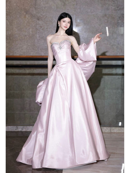 Modest Ball Gown Sweethart Pink Satin Sleeveless With Cape Long Evening Dresses Ideas Evening Outfits RB5190