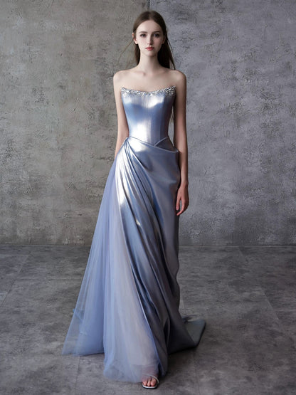 Robe de soirée longue sirène sexy sans bretelles en satin bleu sans manches pour femme N4255