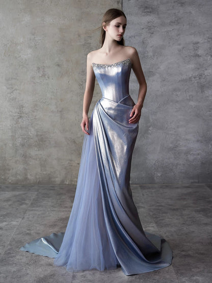 Robe de soirée longue sirène sexy sans bretelles en satin bleu sans manches pour femme N4255