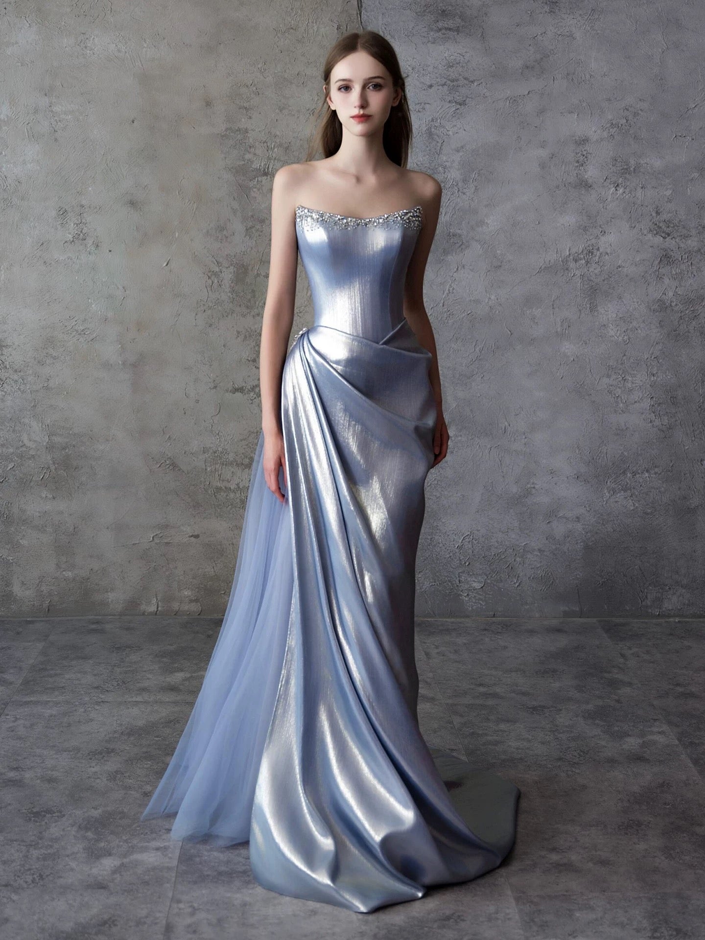 Robe de soirée longue sirène sexy sans bretelles en satin bleu sans manches pour femme N4255