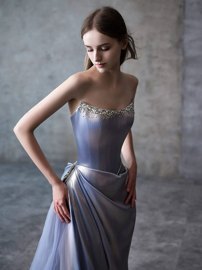 Robe de soirée longue sirène sexy sans bretelles en satin bleu sans manches pour femme N4255