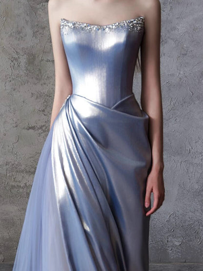Robe de soirée longue sirène sexy sans bretelles en satin bleu sans manches pour femme N4255