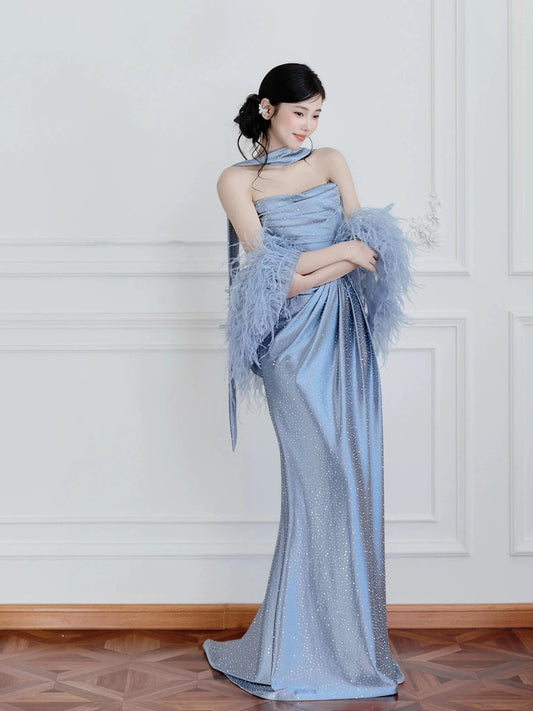Sexy Mermaid Strapless Dusty Blue Satin Sleeveless With Feathers Cape Long Prom Dresses For Women N4257