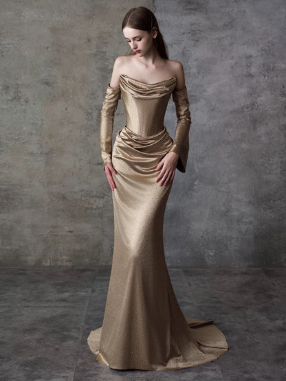 Sparkly Mermaid Sweetheart Champagne Satin Long Prom Evening Dresses Inspo Evening Outfits RB5192