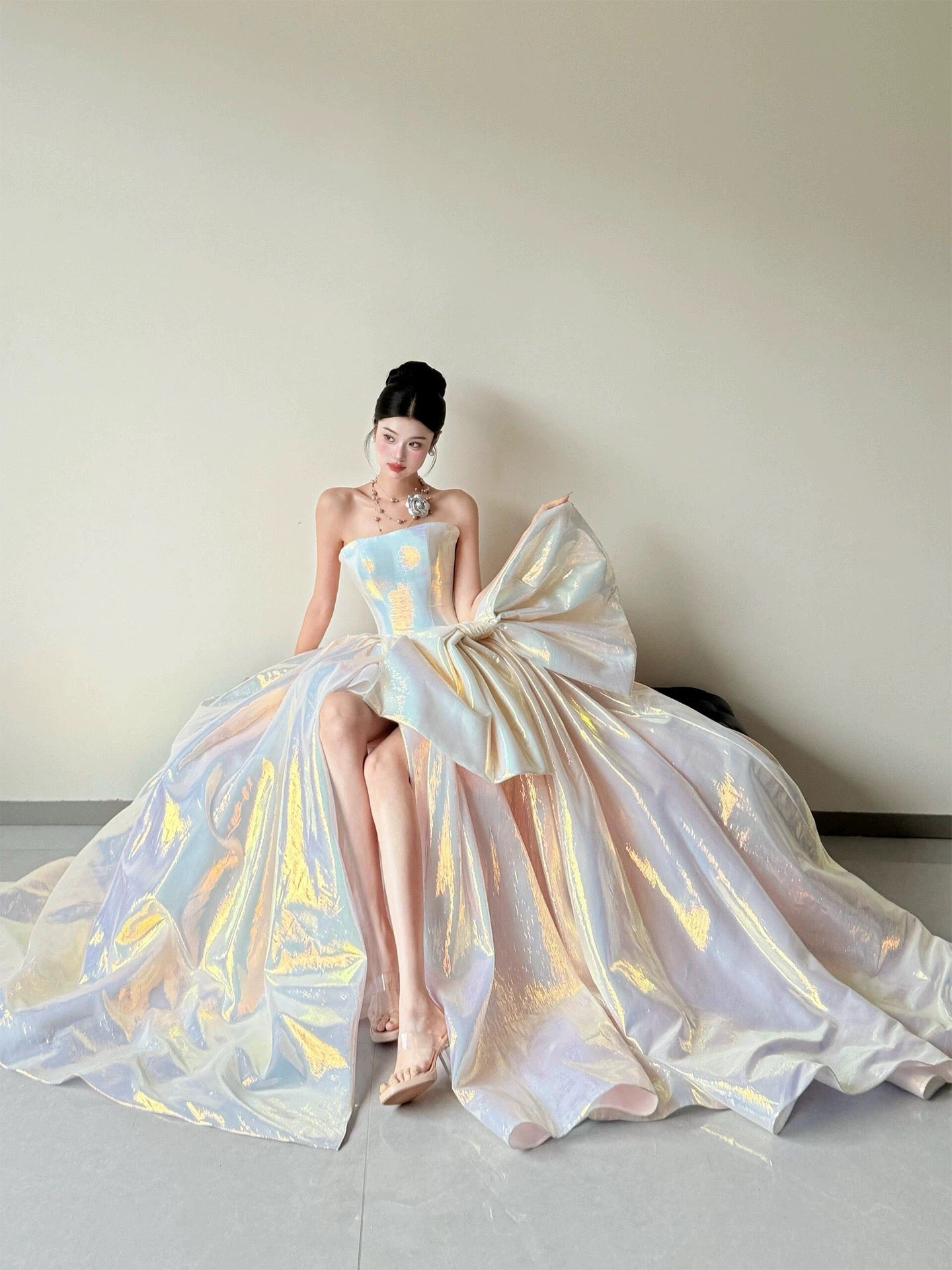 Princess Prom Dresses Ball Gowns Strapless WIth Bow-knot Evening Long Quince Dress N4259