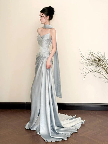 Sexy Meerjungfrau Trägerloses Graues Satin Ärmelloses Abendkleid mit Schal für Damen N4260