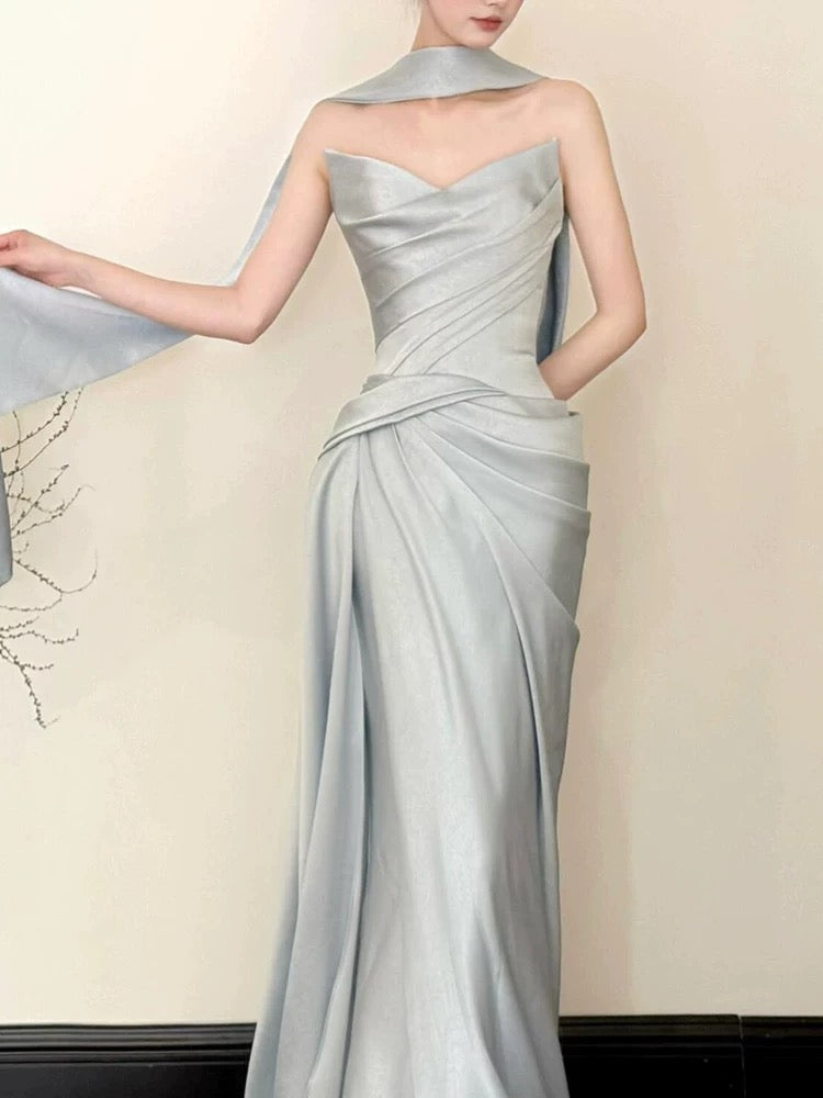 Sexy Meerjungfrau Trägerloses Graues Satin Ärmelloses Abendkleid mit Schal für Damen N4260
