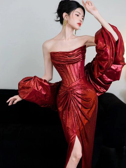 Sirène Sexy Bustier Satin Bourgogne Sans Manches Avec Cape Longues Robes De Bal Pour Femmes N4261