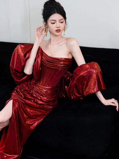 Sirène Sexy Bustier Satin Bourgogne Sans Manches Avec Cape Longues Robes De Bal Pour Femmes N4261