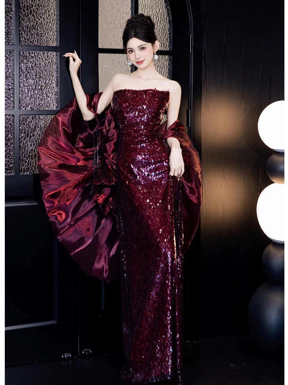 Sparkly Mermaid Strapless Burgundy Sequin With Cape Long Prom Evening Dresses Inspo Evening Outfits RB5182
