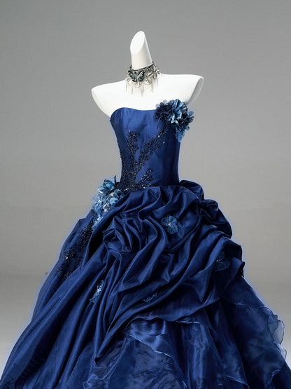 Pretty Ball Gown Strapless Navy Blue With Flowers Ruffled Long 15 Quinceanera Dresses Photo Ideas Formal Outfit RB5577