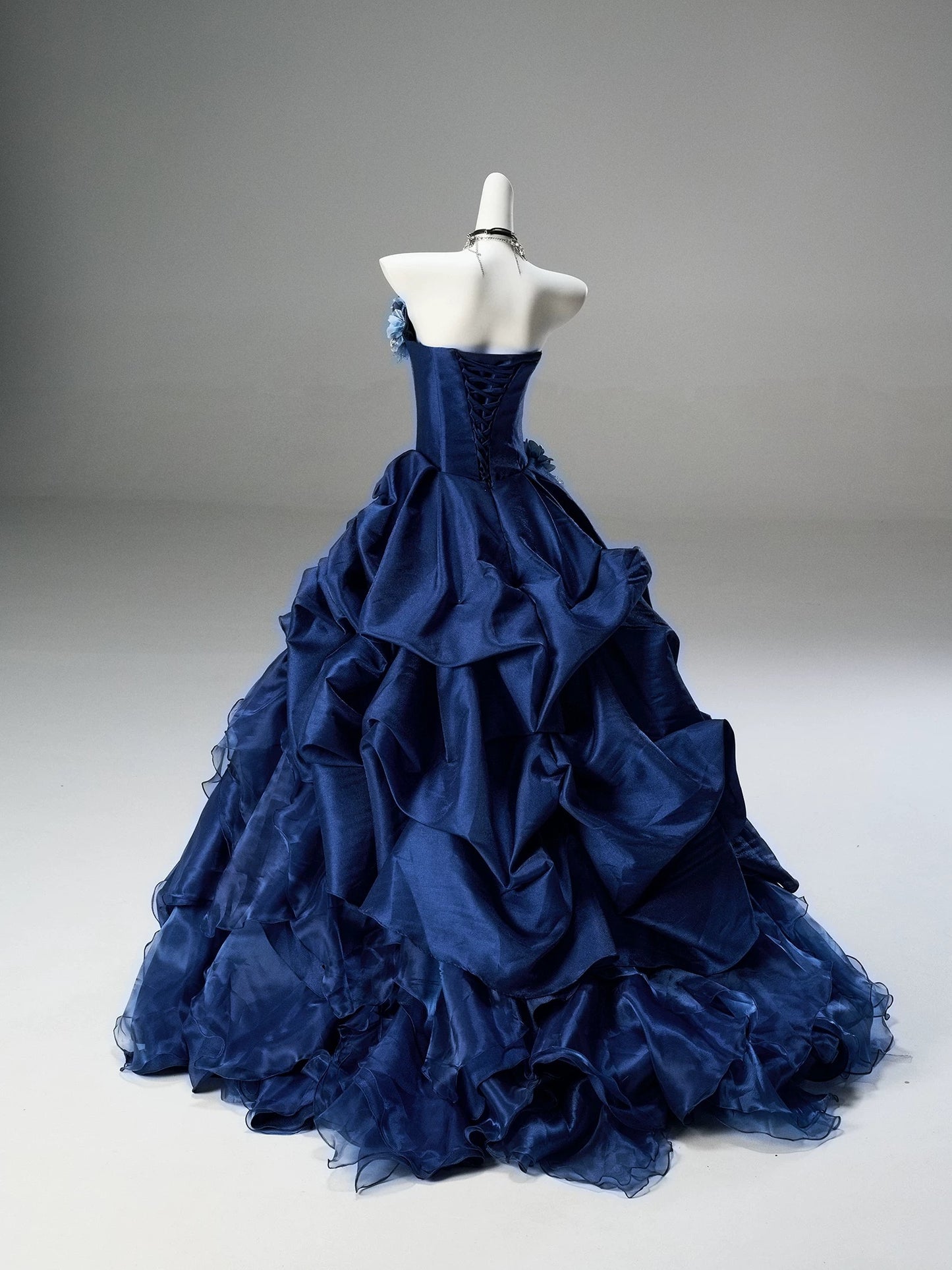 Pretty Ball Gown Strapless Navy Blue With Flowers Ruffled Long 15 Quinceanera Dresses Photo Ideas Formal Outfit RB5577