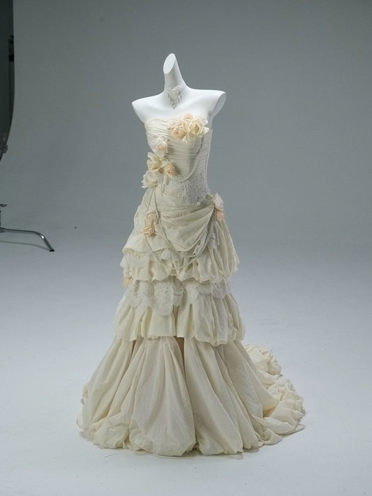 Classy Mermaid Sweetheart Champagne With Flowers Date Night Outfits Semi Formal Prom Gown Evening Dresses RB5578