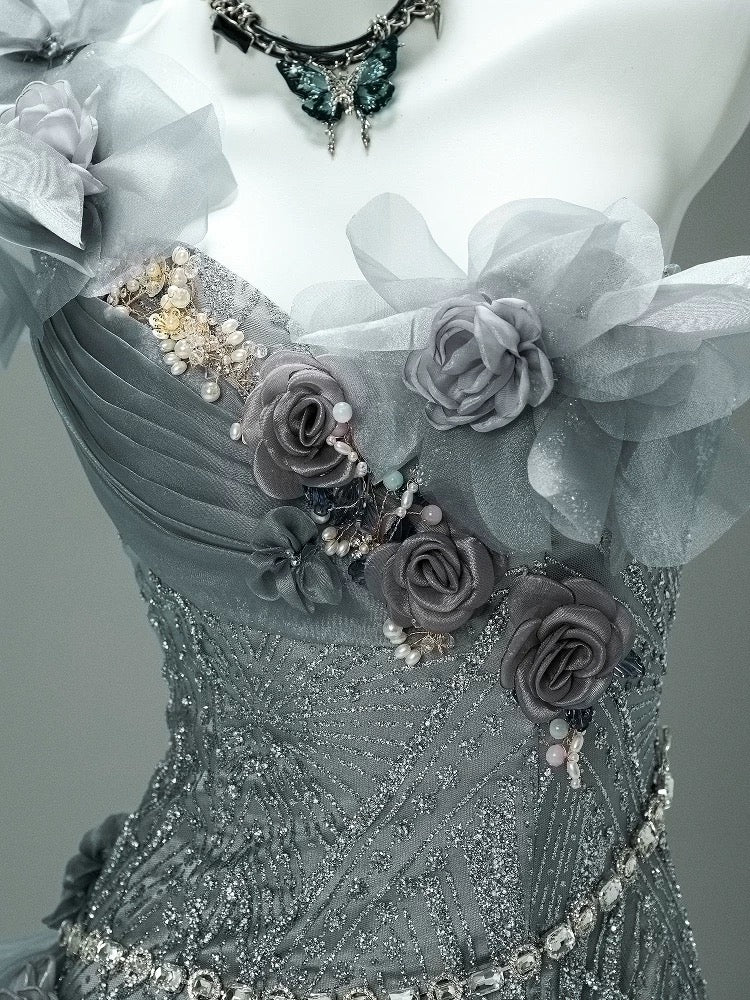 Classy Mermaid One Shoulder Gray With Flowers Date Night Outfits Semi Formal Prom Gown Evening Dresses RB5579