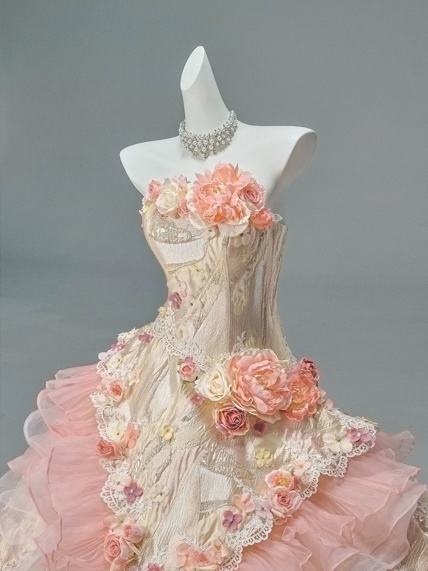 Pretty Ball Gown Strapless Pink Chiffon Sleeveless With Flowers Ruffled Long 15 Quinceanera Dresses Photo Ideas Formal Outfit RB5584