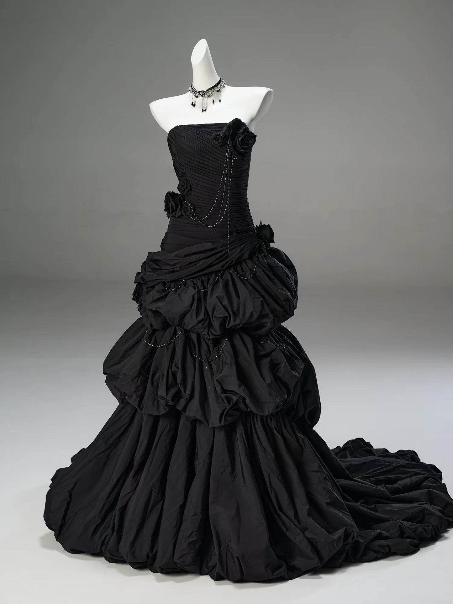 Classy Mermaid Strapless Black Taffeta With Folded Flowers Date Night Outfits Long Formal Prom Gown Evening Dresses RB5586