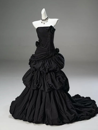 Classy Mermaid Strapless Black Taffeta With Folded Flowers Date Night Outfits Long Formal Prom Gown Evening Dresses RB5586