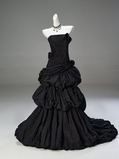 Classy Mermaid Strapless Black Taffeta With Folded Flowers Date Night Outfits Long Formal Prom Gown Evening Dresses RB5586