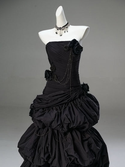 Classy Mermaid Strapless Black Taffeta With Folded Flowers Date Night Outfits Long Formal Prom Gown Evening Dresses RB5586