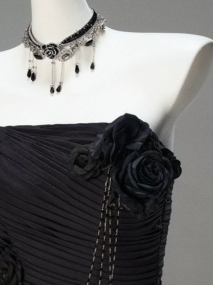 Classy Mermaid Strapless Black Taffeta With Folded Flowers Date Night Outfits Long Formal Prom Gown Evening Dresses RB5586