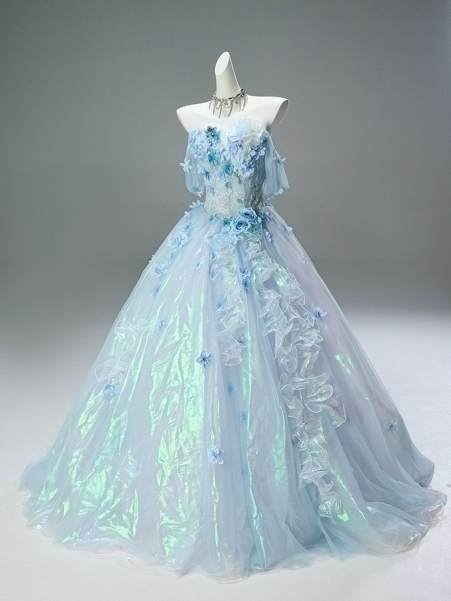 Pretty Ball Gown Off The Shoulder Light Sky Blue Organza With Flowers Ruffled Long 15 Quinceanera Dresses Photo Ideas Formal Outfit RB5587