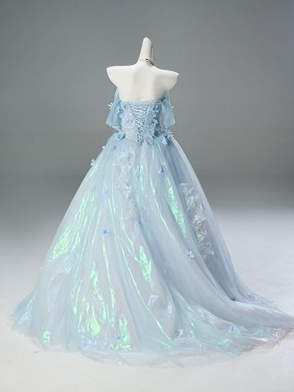 Pretty Ball Gown Off The Shoulder Light Sky Blue Organza With Flowers Ruffled Long 15 Quinceanera Dresses Photo Ideas Formal Outfit RB5587