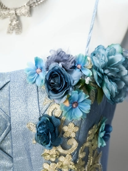 Pretty Ball Gown Off The Shoulder Dusty Blue Organza With Flowers Ruffled Long 15 Quinceanera Dresses Photo Ideas Formal Outfit RB5588