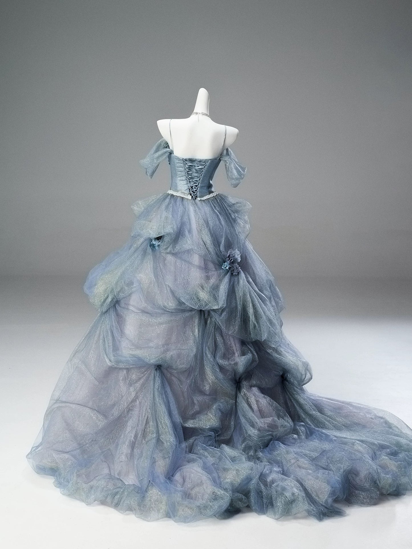 Pretty Ball Gown Off The Shoulder Dusty Blue Organza With Flowers Ruffled Long 15 Quinceanera Dresses Photo Ideas Formal Outfit RB5588