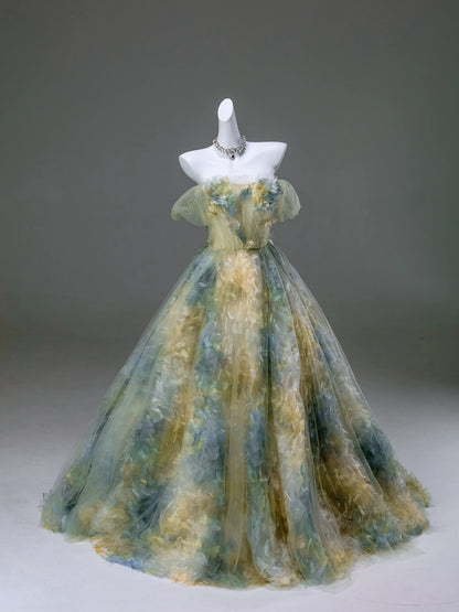 Pretty Ball Gown Off The Shoulder Tulle Yellow With Flowers Long 15 Quinceanera Dresses Photo Ideas Formal Outfit RB5589
