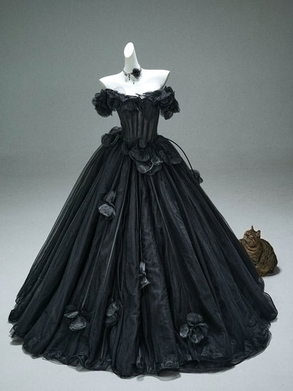 Pretty Ball Gown Off The Shoulder Tulle Black With Flowers Long 15 Quinceanera Dresses Photo Ideas Formal Outfit RB5590