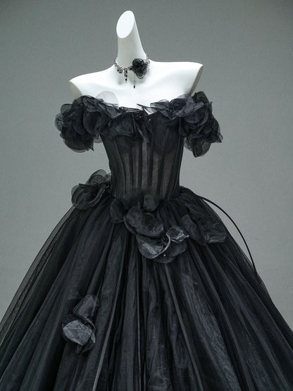 Pretty Ball Gown Off The Shoulder Tulle Black With Flowers Long 15 Quinceanera Dresses Photo Ideas Formal Outfit RB5590