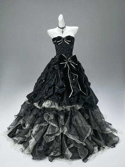 Pretty Ball Gown Strapless Black Tulle Organza With Ruffled Long 15 Quinceanera Dresses Photo Ideas Formal Outfit RB5592