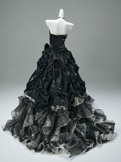 Pretty Ball Gown Strapless Black Tulle Organza With Ruffled Long 15 Quinceanera Dresses Photo Ideas Formal Outfit RB5592