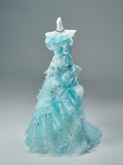 Modest Mermaid Strapless Blue With Ruffled Date Floor Length Night Birthday Outfit Formal Prom Dresses RB5503