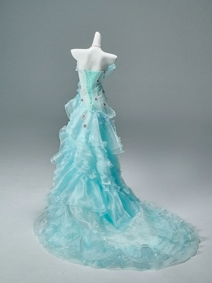 Modest Mermaid Strapless Blue With Ruffled Date Floor Length Night Birthday Outfit Formal Prom Dresses RB5503