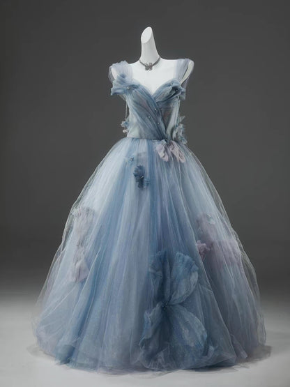 Princess Style Ball Gown Off The Shoulder Dusty Blue Tulle With Flowers Long 15 Quinceanera Dresses Photo Ideas Formal Outfit RB5504