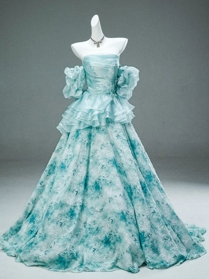Modest Ball Gown Strapless Blue With Ruffled Sleeves Date Night Birthday Outfit Formal Prom Dresses RB5505