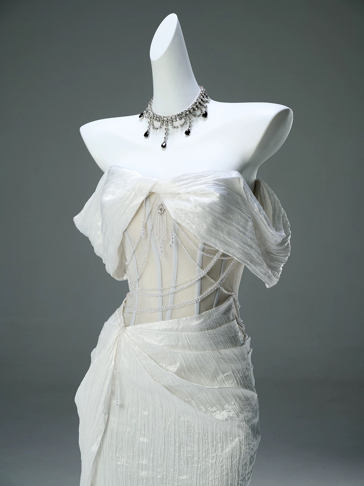 Modest Mermaid Off The Shoulder White With Ruffled Sleeves Date Night Birthday Outfit Formal Prom Dresses RB5506