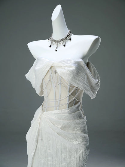 Modest Mermaid Off The Shoulder White With Ruffled Sleeves Date Night Birthday Outfit Formal Prom Dresses RB5506