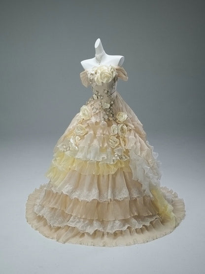 Cute Ball Gown Off The Shoulder Yellow With Ruffled Flowers Long Quinceanera Dresses Sweet 15 Dress Formal Outfits RB5507