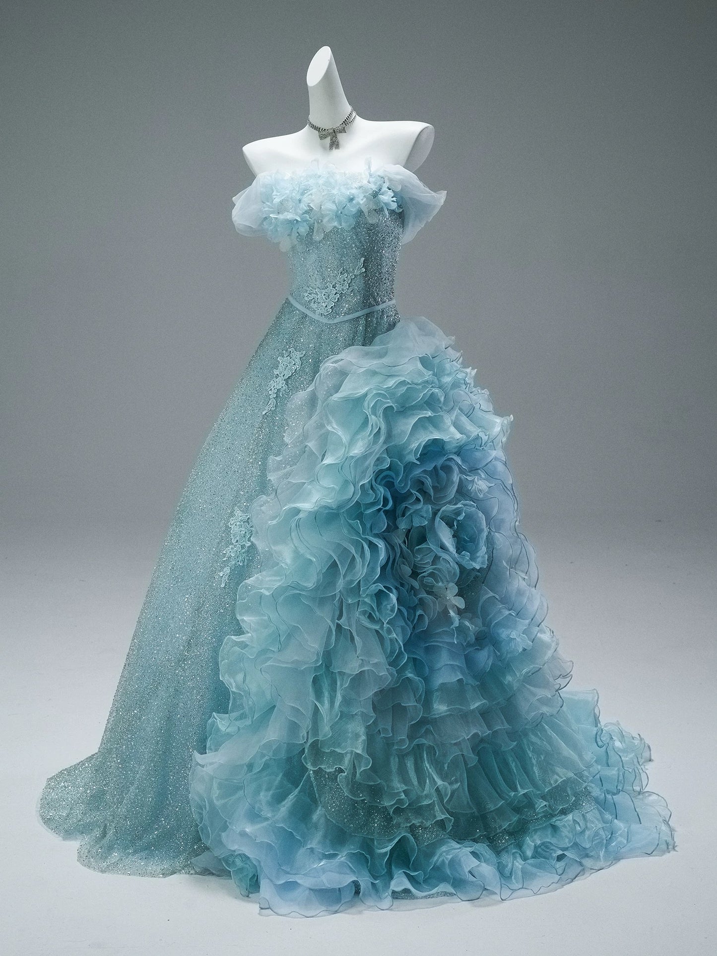 Cute Ball Gown Off The Shoulder Blue With Beading Flowers Long Quinceanera Dresses Sweet 15 Dress Formal Outfits RB5508