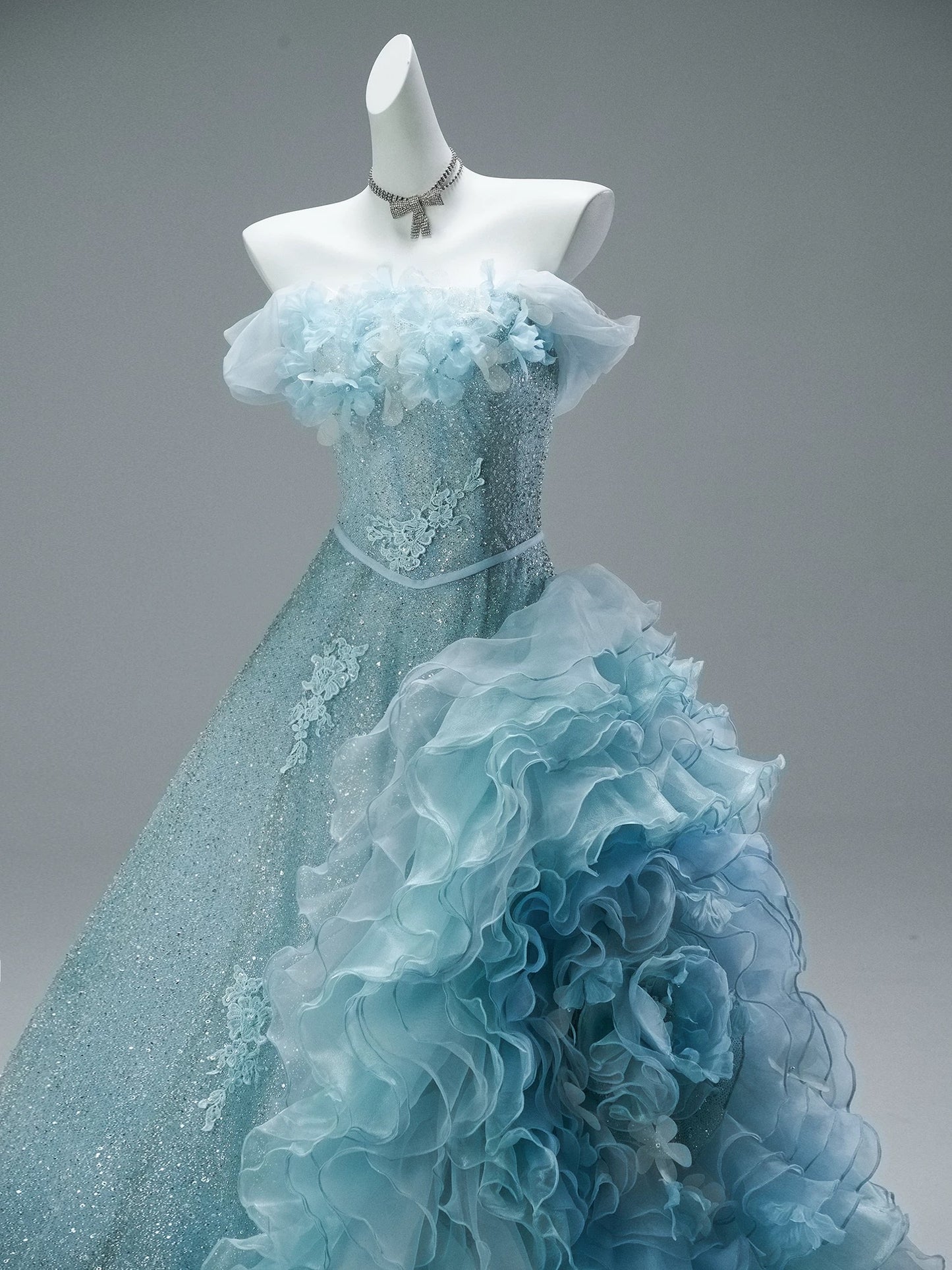 Cute Ball Gown Off The Shoulder Blue With Beading Flowers Long Quinceanera Dresses Sweet 15 Dress Formal Outfits RB5508