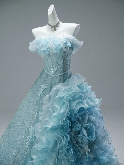 Cute Ball Gown Off The Shoulder Blue With Beading Flowers Long Quinceanera Dresses Sweet 15 Dress Formal Outfits RB5508