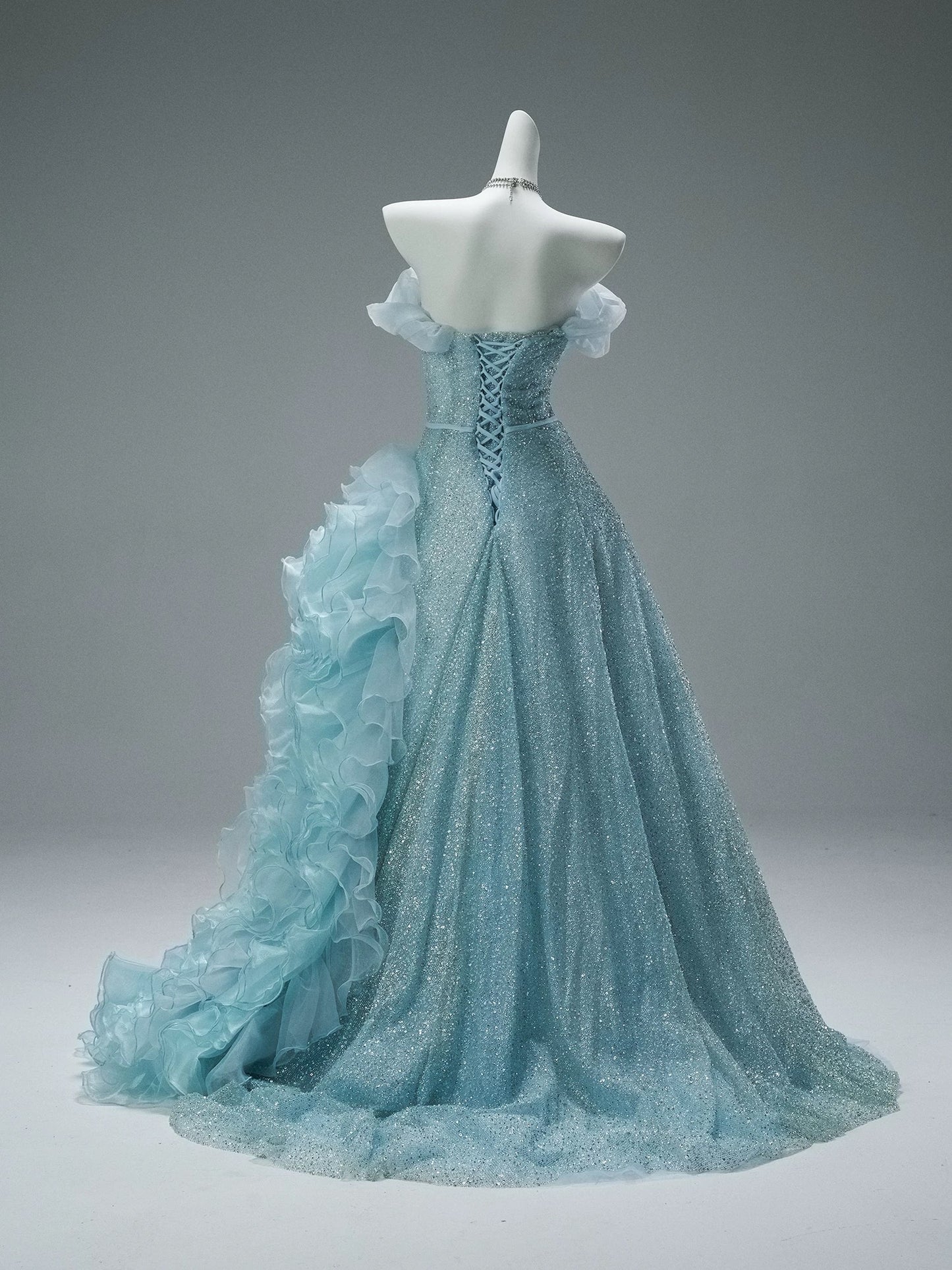 Cute Ball Gown Off The Shoulder Blue With Beading Flowers Long Quinceanera Dresses Sweet 15 Dress Formal Outfits RB5508