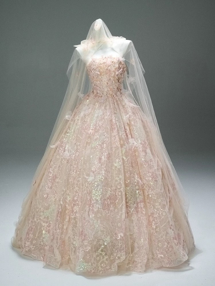 Cute Ball Gown Strapless Pink With Lace Flowers Long Quinceanera Dresses Sweet 15 Dress Formal Outfits RB5509