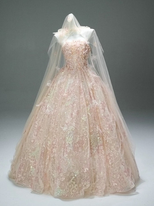 Cute Ball Gown Strapless Pink With Lace Flowers Long Quinceanera Dresses Sweet 15 Dress Formal Outfits RB5509