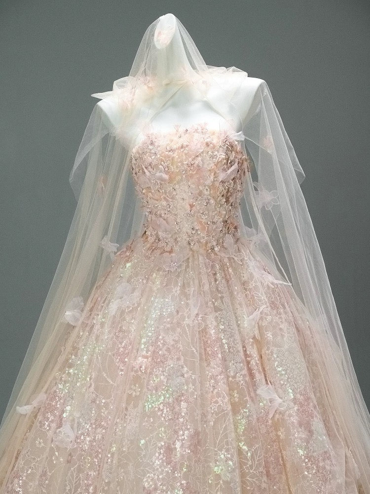 Cute Ball Gown Strapless Pink With Lace Flowers Long Quinceanera Dresses Sweet 15 Dress Formal Outfits RB5509