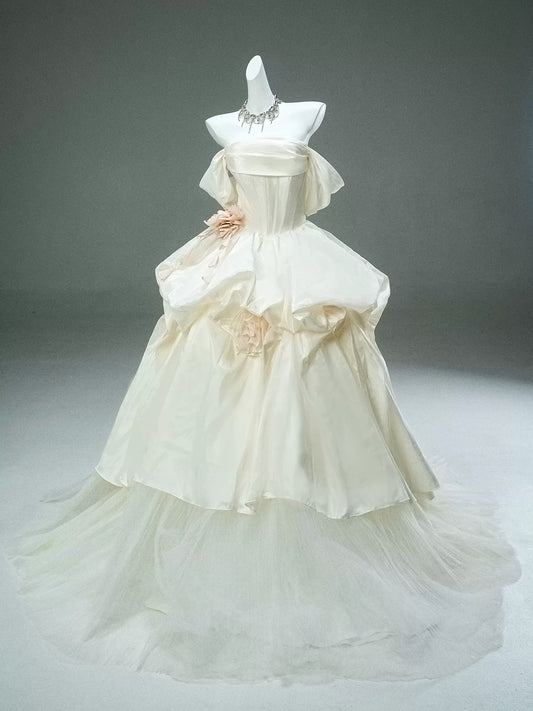 Princess Style Ball Gown Off The Shoulder White Satin With Flowers Long 15 Quinceanera Dresses Photo Ideas Formal Outfit RB5510