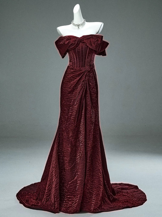 Elegant Mermaid Off The Shoulder Burgundy With Sleeves Date Night Outfits Semi Formal Prom Gown Evening Dresses RB5529