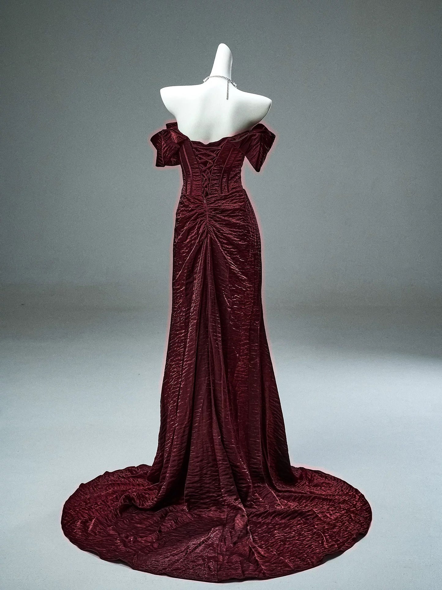 Elegant Mermaid Off The Shoulder Burgundy With Sleeves Date Night Outfits Semi Formal Prom Gown Evening Dresses RB5529